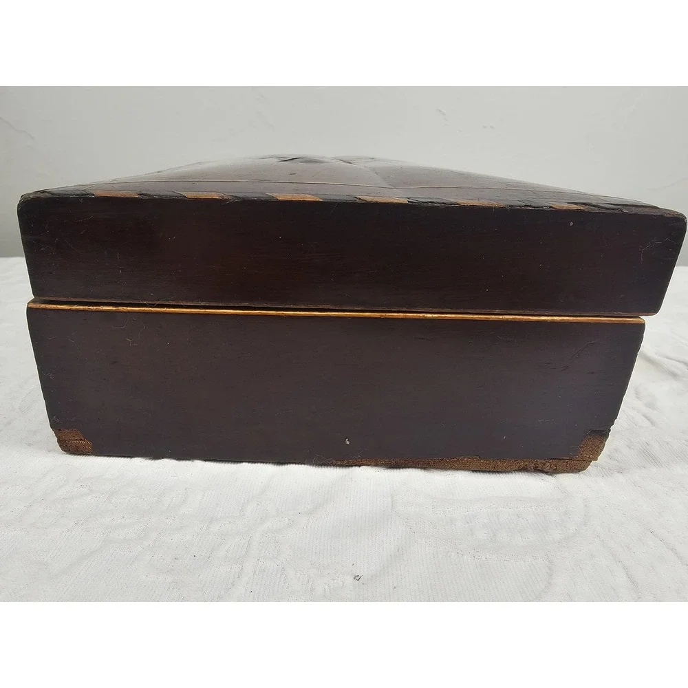 Antique Wooden Keepsake Box‎ Star Inlay Jewelry Trinket Storage Chest 1900s